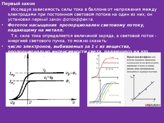 Первый закон  Исследуя зависимость силы тока в баллоне от напряжения между электродами при постоянном световом потоке на один из них, он установил  первый закон фотоэффекта. Фототок насыщения  пропорционален световому потоку, падающему на металл.   Т.к. сила тока определяется величиной заряда, а световой поток - энергией светового пучка, то можно сказать:  ч исло электронов, выбиваемых за 1 с из вещества, пропорционально интенсивности света, падающего на это вещество. 