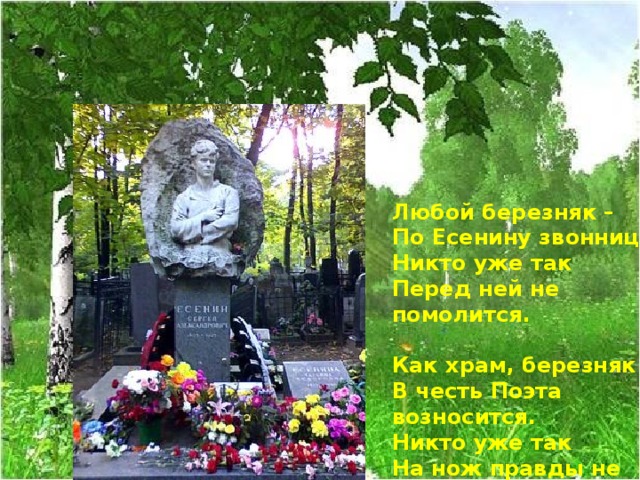 Любой березняк –  По Есенину звонница!  Никто уже так  Перед ней не помолится.   Как храм, березняк  В честь Поэта возносится.  Никто уже так  На нож правды не бросится.   Татьяна Смертина     