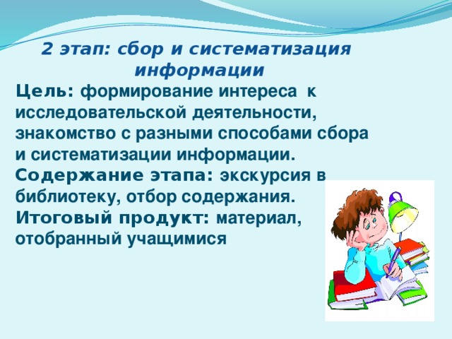 2 этап: сбор и систематизация информации Цель: формирование интереса к исследовательской деятельности, знакомство с разными способами сбора и систематизации информации. Содержание этапа: экскурсия в библиотеку, отбор содержания. Итоговый продукт: материал, отобранный учащимися 