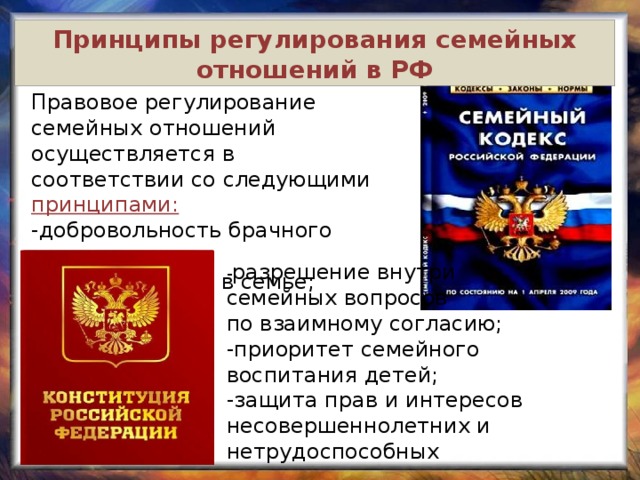 Принципы регулирования семейных отношений в РФ Правовое регулирование семейных отношений осуществляется в соответствии со следующими принципами: -добровольность брачного союза; -равенство прав в семье; членов семьи - разрешение внутри семейных вопросов по взаимному согласию; -приоритет семейного воспитания детей; -защита прав и интересов несовершеннолетних и нетрудоспособных 