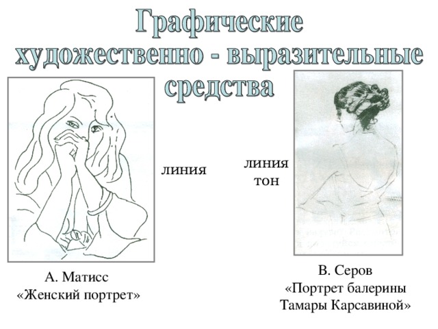 линия тон линия В. Серов «Портрет балерины Тамары Карсавиной» А. Матисс «Женский портрет» 