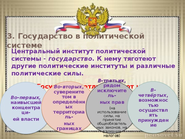 3. Государство в политической системе Центральный институт политической системы - государство . К нему тяготеют другие политические институты и различные политические силы. Государство отличается от них: Во-вторых , суверенитетом в определённых территориаль- В-третьих , рядом исключитель- В-четвёртых , возможностью осуществлять принуждение ных границах ных прав  (на использование силы, на принятие общеобязательных законов, на взимание налогов) Во-первых, наивысшей концентраци- ей власти 