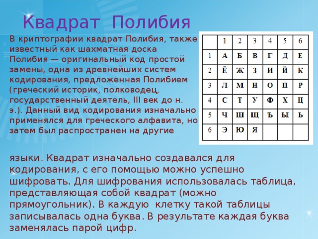 Квадрат Полибия В криптографии квадрат Полибия, также известный как шахматная доска Полибия — оригинальный код простой замены, одна из древнейших систем кодирования, предложенная Полибием (греческий историк, полководец, государственный деятель, III век до н. э.). Данный вид кодирования изначально применялся для греческого алфавита, но затем был распространен на другие языки. Квадрат изначально создавался для кодирования, с его помощью можно успешно шифровать. Для шифрования использовалась таблица, представляющая собой квадрат (можно прямоугольник). В каждую клетку такой таблицы записывалась одна буква. В результате каждая буква заменялась парой цифр. 