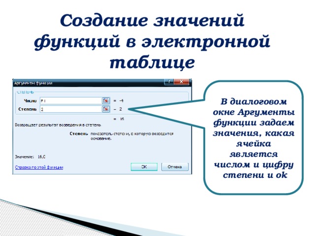 Создание значений функций в электронной таблице В диалоговом окне Аргументы функции задаем значения, какая ячейка является числом и цифру степени и ok 