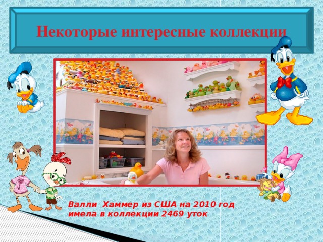 Некоторые интересные коллекции Валли Хаммер из США на 2010 год имела в коллекции 2469 уток 