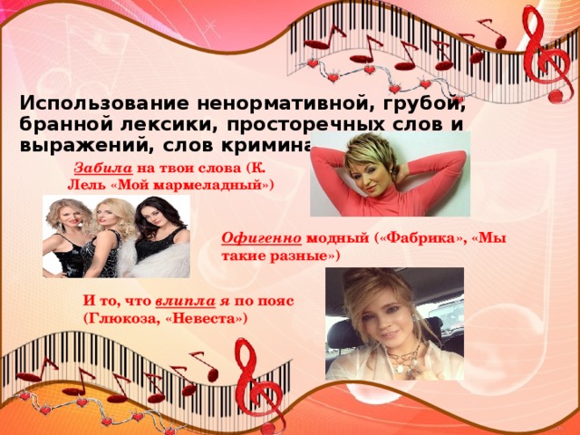 Использование ненормативной, грубой, бранной лексики, просторечных слов и выражений, слов криминального мира  Забила  на твои слова (К. Лель «Мой мармеладный») Офигенно модный («Фабрика», «Мы такие разные») И то, что влипла я по пояс (Глюкоза, «Невеста»)