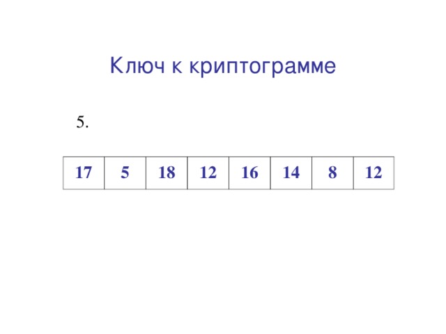 Ключ к криптограмме Клетки, образовавшиеся при делении 17 5 18 12 16 14 8 12 
