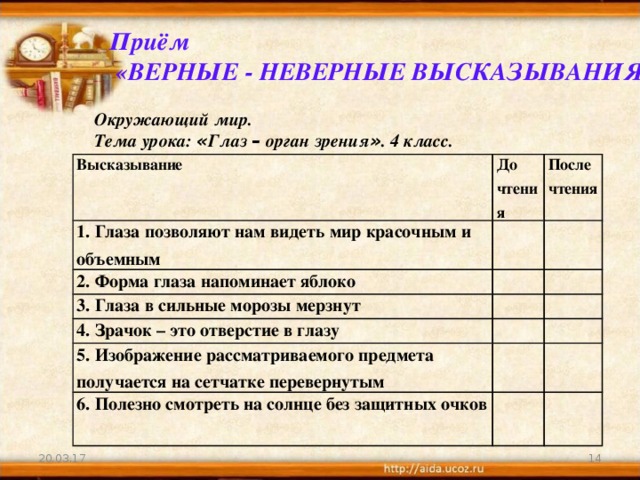 Приём  «ВЕРНЫЕ - НЕВЕРНЫЕ ВЫСКАЗЫВАНИЯ» Окружающий мир. Тема урока: « Глаз – орган зрения » . 4 класс. Высказывание До чтения 1. Глаза позволяют нам видеть мир красочным и объемным После чтения 2. Форма глаза напоминает яблоко 3. Глаза в сильные морозы мерзнут 4. Зрачок – это отверстие в глазу 5. Изображение рассматриваемого предмета получается на сетчатке перевернутым 6. Полезно смотреть на солнце без защитных очков 20.03.17  