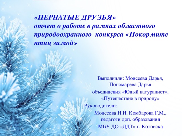 «ПЕРНАТЫЕ ДРУЗЬЯ»  отчет о работе в рамках областного природоохранного конкурса «Покормите птиц зимой» Выполнили: Моисеева Дарья, Пономарева Дарья объединения «Юный натуралист», «Путешествие в природу» Руководители: Моисеева Н.И. Комбарова Г.М., педагоги доп. образования МБУ ДО «ДДТ» г. Котовска 