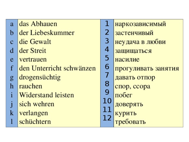 a b c d e f g h i j k l das Abhauen der Liebeskummer die Gewalt der Streit vertrauen den Unterricht schwänzen drogensüchtig rauchen Widerstand leisten sich wehren verlangen schüchtern 1 2 3 4 5 6 7 8 9 10 11 12 нарко зависимый застенчивый неудача в любви защищаться насилие прогуливать занятия давать отпор спор, ссора побег доверять курить требовать 