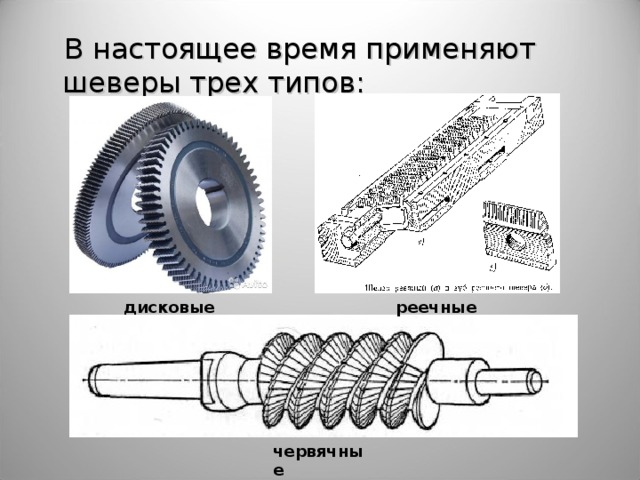 В настоящее время применяют шеверы трех типов: дисковые реечные червячные 