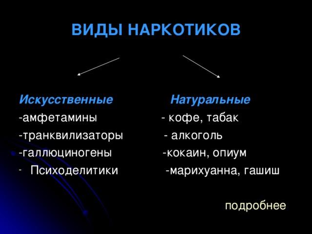 ВИДЫ НАРКОТИКОВ  Искусственные Натуральные -амфетамины - кофе, табак -транквилизаторы - алкоголь -галлюциногены -кокаин, опиум Психоделитики -марихуанна, гашиш   подробнее 
