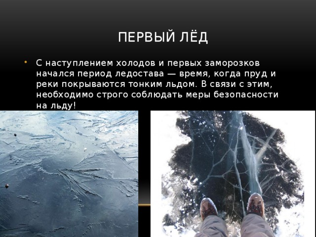 Первый лёд С наступлением холодов и первых заморозков начался период ледостава — время, когда пруд и реки покрываются тонким льдом. В связи с этим, необходимо строго соблюдать меры безопасности на льду! 