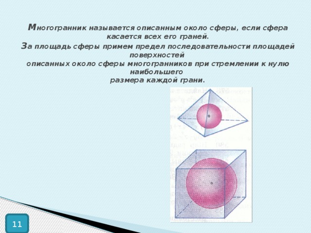 М ногогранник называется описанным около сферы, если сфера касается всех его граней.  З а площадь сферы примем предел последовательности площадей поверхностей  описанных около сферы многогранников при стремлении к нулю наибольшего  размера каждой грани. 11 
