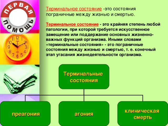 Терминальное состояние -это состояния пограничные между жизнью и смертью. Терминальное состояние - это крайняя степень любой патологии, при которой требуется искусственное замещение или поддержание основных жизненно-важных функций организма. Иными словами «терминальные состояния» - это пограничные состояния между жизнью и смертью, т. е. конечный этап угасания жизнедеятельности организма.  Терминальные состояния  преагония агония клиническая смерть 