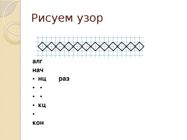 Рисуем узор алг нач • нц раз  • • • • •  кц • кон 