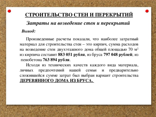 СТРОИТЕЛЬСТВО СТЕН И ПЕРЕКРЫТИЙ Затраты на возведение стен и перекрытий Вывод: Произведенные расчеты показали, что наиболее затратный материал для строительства стен – это кирпич, сумма расходов на возведение стен двухэтажного дома общей площадью 70 м 2 из кирпича составит 883 051 рубля , из бруса 797 048 рублей ; из пенобетона 763 894 рубля . Исходя из технических качеств каждого вида материала, личных предпочтений нашей семьи и предварительно сложившейся сумме затрат был выбран вариант строительства ДЕРЕВЯННОГО ДОМА ИЗ БРУСА. 