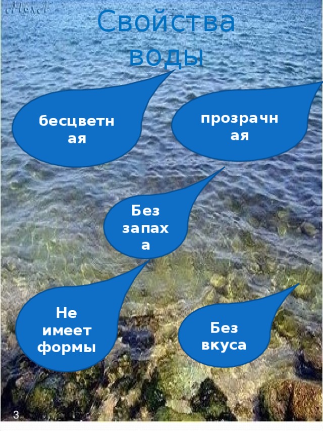 Свойства воды бесцветная прозрачная Без запаха Не имеет формы Без вкуса 3  