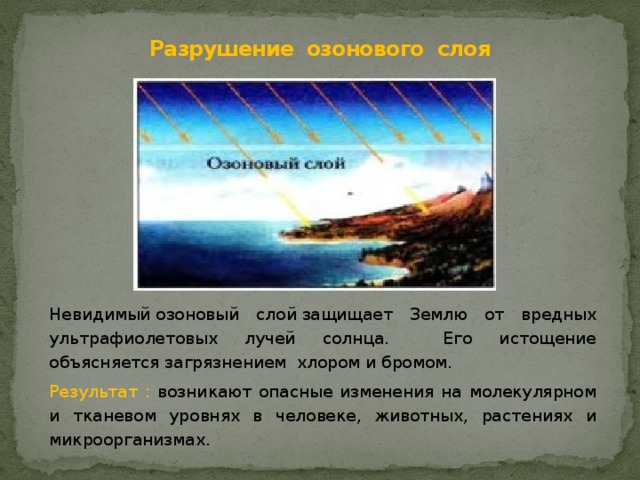 Разрушение озонового слоя Невидимый озоновый слой защищает Землю от вредных ультрафиолетовых лучей солнца. Его истощение объясняется загрязнением хлором и бромом. Результат : возникают опасные изменения на молекулярном и тканевом уровнях в человеке, животных, растениях и микроорганизмах. 