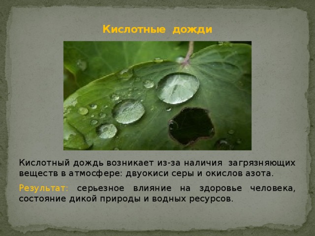Кислотные дожди Кислотный дождь возникает из-за наличия загрязняющих веществ в атмосфере: двуокиси серы и окислов азота. Результат: серьезное влияние на здоровье человека, состояние дикой природы и водных ресурсов. 