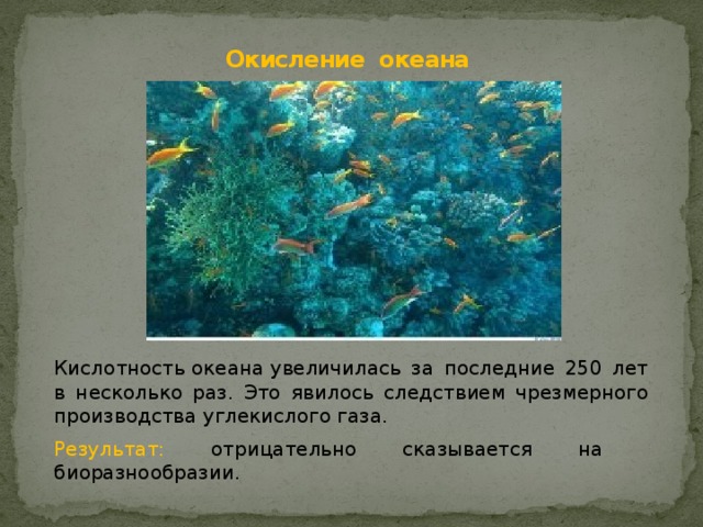 Окисление океана  Кислотность океана увеличилась за последние 250 лет в несколько раз. Это явилось следствием чрезмерного производства углекислого газа. Результат: о трицательно сказывается на биоразнообразии. 