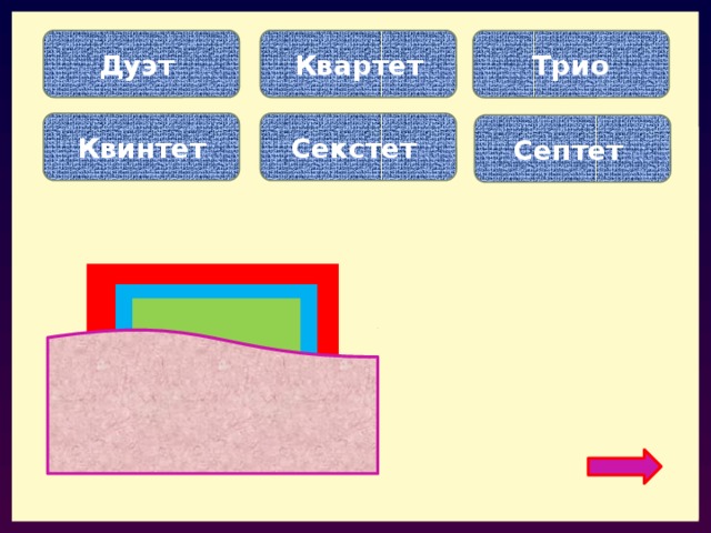 Дуэт Квартет Трио Квинтет Секстет Септет Ансамбль из шести человек называется… Ансамбль из пяти человек… Ансамбль из трёх человек… 