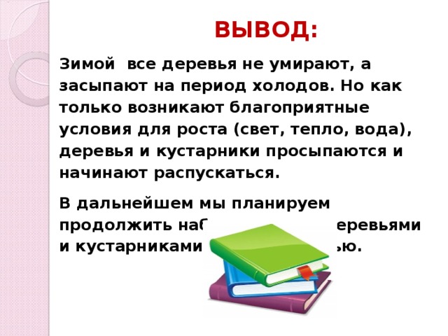    ВЫВОД: Зимой все деревья не умирают, а засыпают на период холодов. Но как только возникают благоприятные условия для роста (свет, тепло, вода), деревья и кустарники просыпаются и начинают распускаться. В дальнейшем мы планируем продолжить наблюдение за деревьями и кустарниками поздней осенью.  