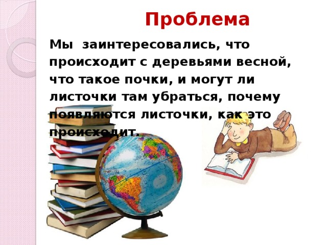  Проблема Мы заинтересовались, что происходит с деревьями весной, что такое почки, и могут ли листочки там убраться, почему появляются листочки, как это происходит. 
