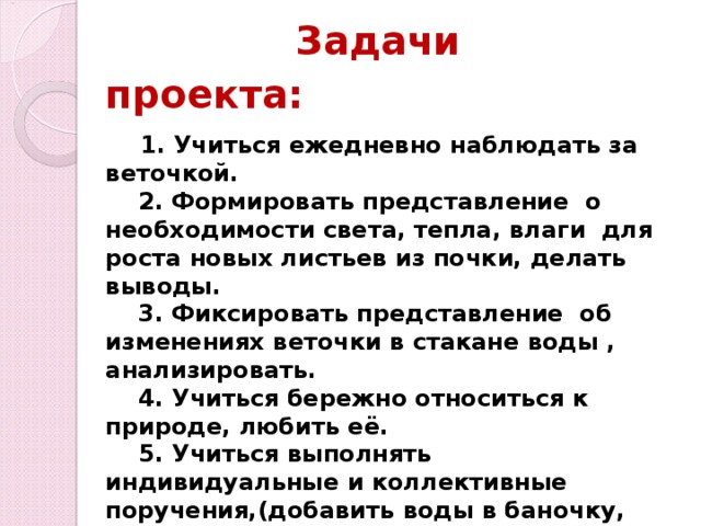  Задачи проекта:     1. Учиться ежедневно наблюдать за веточкой.     2. Формировать представление о необходимости света, тепла, влаги  для роста новых листьев из почки, делать выводы.     3. Фиксировать представление об изменениях веточки в стакане воды , анализировать.     4. Учиться бережно относиться к природе, любить её.     5. Учиться выполнять индивидуальные и коллективные поручения,(добавить воды в баночку, переставить ближе к  свету), видеть результат своего труда, рассказывать о своей деятельности.     6. Учиться рассказывать о полезных свойствах зелёных листьев.   