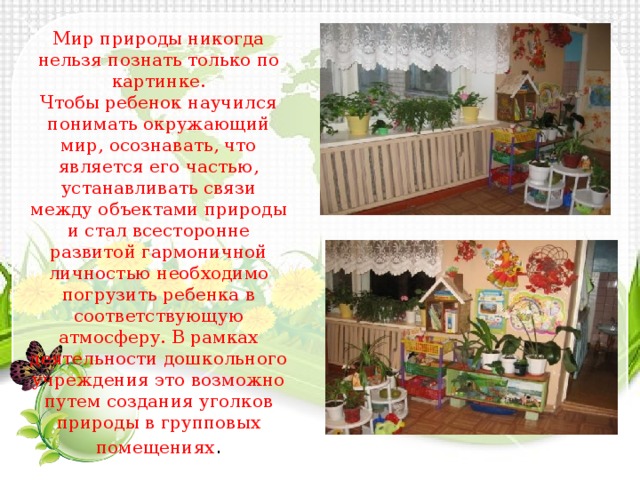 Мир природы никогда нельзя познать только по картинке. Чтобы ребенок научился понимать окружающий мир, осознавать, что является его частью, устанавливать связи между объектами природы и стал всесторонне развитой гармоничной личностью необходимо погрузить ребенка в соответствующую атмосферу. В рамках деятельности дошкольного учреждения это возможно путем создания уголков природы в групповых помещениях . 