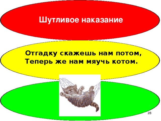 Шутливое наказание Отгадку скажешь нам потом, Теперь же нам мяучь котом.  