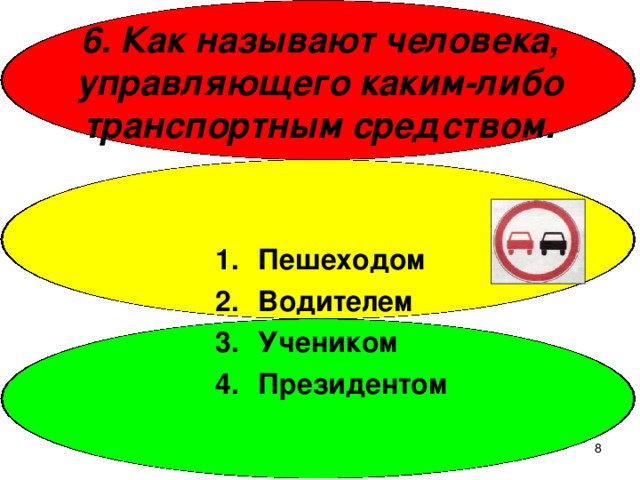 6. Как называют человека, управляющего каким-либо транспортным средством. Пешеходом Водителем Учеником Президентом  