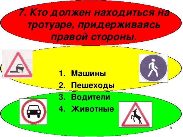 7. Кто должен находиться на тротуаре, придерживаясь правой стороны. Машины Пешеходы Водители Животные  