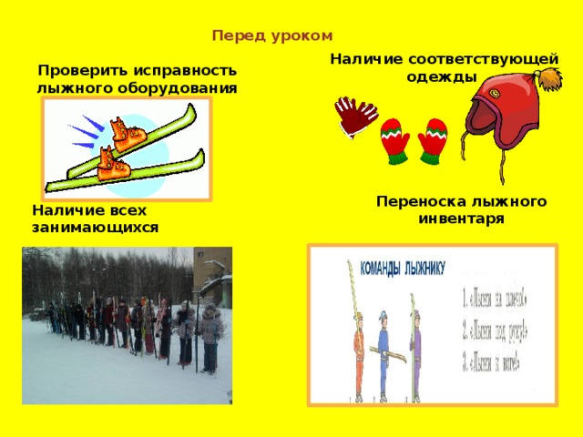 Перед уроком Наличие соответствующей одежды Проверить исправность лыжного оборудования Переноска лыжного инвентаря Наличие всех занимающихся 