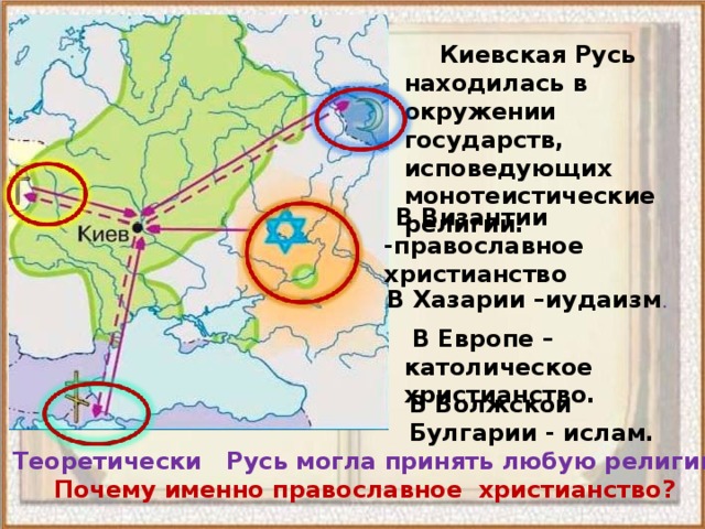 Киевская Русь находилась в окружении государств, исповедующих монотеистические религии.  В Византии -православное христианство  В Хазарии –иудаизм .  В Европе –католическое христианство. В Волжской Булгарии - ислам. Теоретически Русь могла принять любую религию.  Почему именно православное христианство? 
