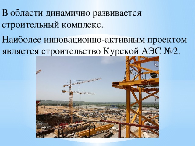 В области динамично развивается строительный комплекс. Наиболее инновационно-активным проектом является строительство Курской АЭС №2. 