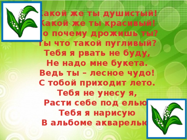 Какой же ты душистый! Какой же ты красивый! Но почему дрожишь ты? Ты что такой пугливый? Тебя я рвать не буду, Не надо мне букета. Ведь ты – лесное чудо! С тобой приходит лето. Тебя не унесу я, Расти себе под елью. Тебя я нарисую В альбоме акварелью. 