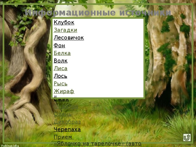 Информационные источники Клубок  Загадки Лесовичок  Фон  Белка Волк  Лиса Лось  Рысь Жираф Ёжик  Ондатра Олень Дикобраз Черепаха  Прием «Яблочко на тарелочке» (автор приема Беляева Л.А.) 