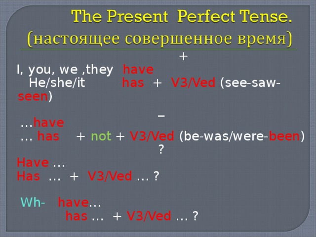  +  I, you, we ,they have  He/she/it   has + V3/Ved (see-saw- seen )  _ … have …  has   +  not + V3/Ved (be-was/were- been )  ?  Have …  Has … +  V3/Ved … ?  Wh-  have …   has … +  V3/Ved … ? 