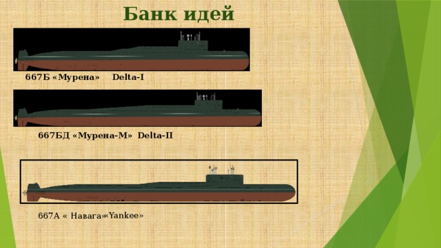 Банк идей  667Б «Мурена»  Delta-I   667БД «Мурена-М»  Delta-II «Yankee» 667А « Навага» 