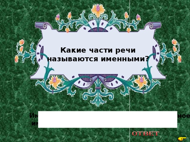 Какие части речи называются именными? Имя существительное, имя прилагательное,  имя числительное, местоимение 