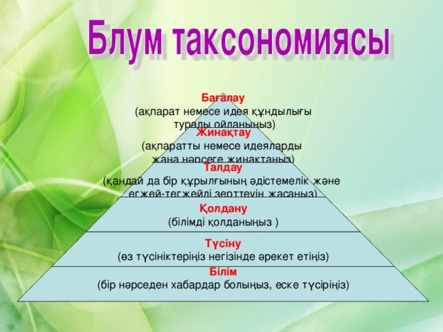Бағалау (ақпарат немесе идея құндылығы  туралы ойланыңыз) Жинақтау (ақпаратты немесе идеяларды жаңа нәрсеге жинақтаңыз) Талдау (қандай да бір құрылғының әдістемелік және егжей-тегжейлі зерттеуін жасаңыз) Қолдану (білімді қолданыңыз ) Түсіну (өз түсініктеріңіз негізінде әрекет етіңіз) Білім (бір нәрседен хабардар болыңыз, еске түсіріңіз) 