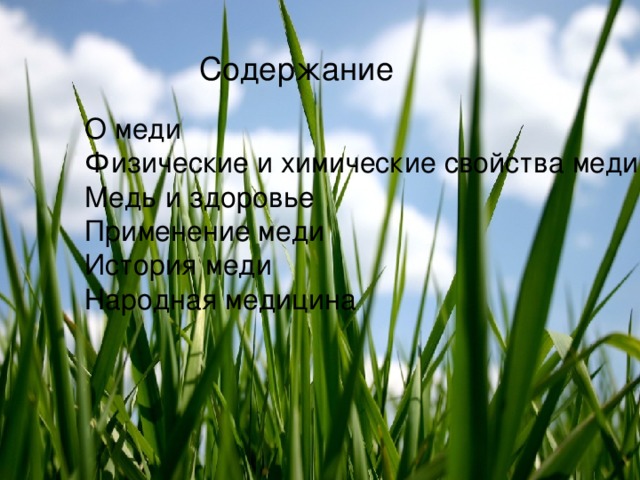 Содержание О меди Физические и химические свойства меди Медь и здоровье Применение меди История меди Народная медицина 