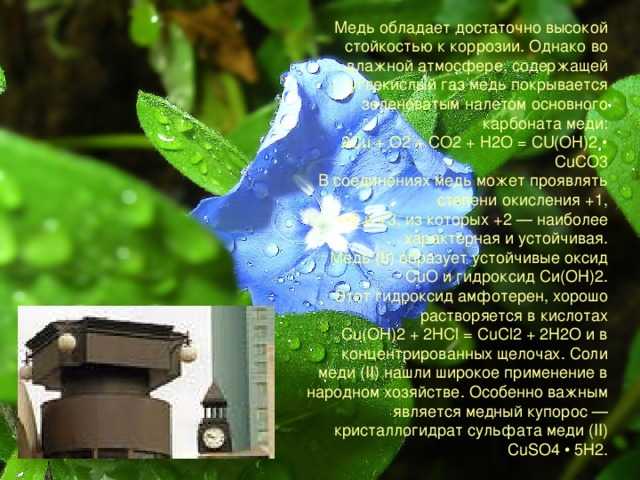 Медь обладает достаточно высокой стойкостью к коррозии. Однако во влажной атмосфере, содержащей углекислый газ медь покрывается зеленоватым налетом основного карбоната меди: 2Сu + O2 + СO2 + Н2O = СU(ОН)2 • СuСО3 В соединениях медь может проявлять степени окисления +1, +•2 и +3, из которых +2 — наиболее характерная и устойчивая. Медь (II) образует устойчивые оксид СuО и гидроксид Си(ОН)2. Этот гидроксид амфотерен, хорошо растворяется в кислотах Сu(ОН)2 + 2НСl = СuСl2 + 2Н2О и в концентрированных щелочах. Соли меди (II) нашли широкое применение в народном хозяйстве. Особенно важным является медный купорос — кристаллогидрат сульфата меди (II) СuSО4 • 5Н2. 