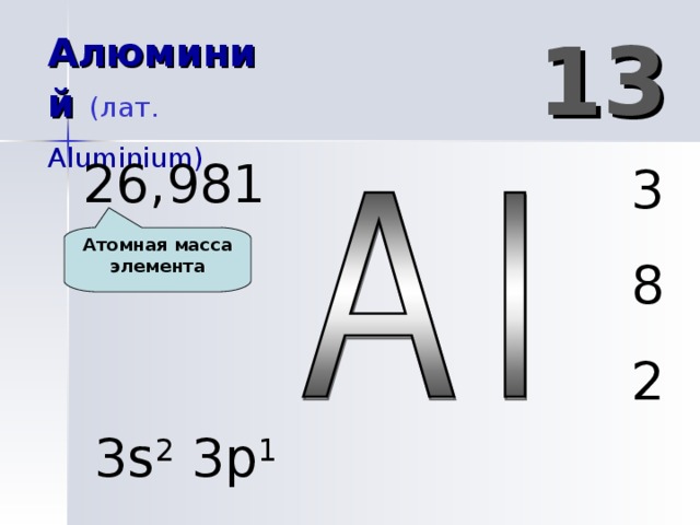 13 Алюминий   (лат. Aluminium )  26,9815 3 8 2 Атомная масса элемента 3 s 2 3p 1 