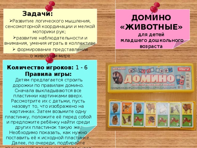  Задачи: Развитие логического мышления, сенсомоторной координации и мелкой моторики рук; развитие наблюдательности и внимания, умения играть в коллективе  формирование представления  о животном мире  ДОМИНО «ЖИВОТНЫЕ» для детей  младшего дошкольного возраста Количество игроков: 1 - 6 Правила игры:  Детям предлагается строить дорожки по правилам домино. Сначала выкладываются все пластинки картинками вверх. Рассмотрите их с детьми, пусть назовут то, что изображено на картинках. Затем возьмите одну пластинку, положите её перед собой и предложите ребёнку найти среди других пластинок такую же. Необходимо показать, как нужно поставить её к исходной пластинке. Далее, по очереди, подбирайте подходящие пластинки, выкладывая их в ряд. Каждый раз просите детей  называть изображение. 