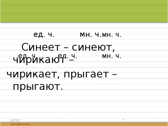 мн. ч.  ед. ч.  мн. ч.  Синеет – синеют, чирикают – чирикает, прыгает – прыгают. мн. ч. ед. ч. ед. ч. 3/27/17