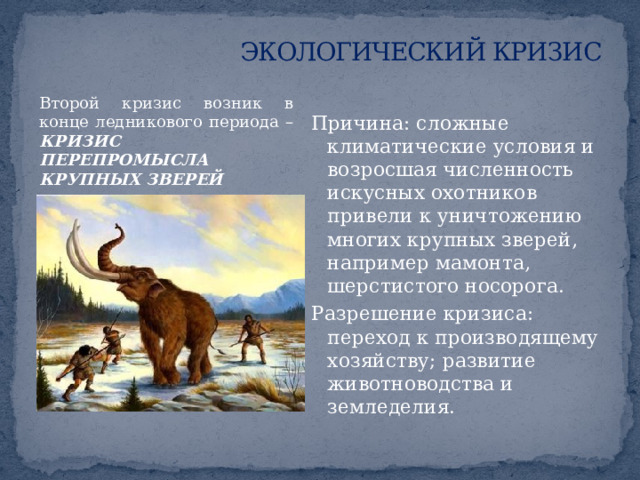 ЭКОЛОГИЧЕСКИЙ КРИЗИС Первый кризис, по мнению ученых, возник в период собирательства и примитивной охоты – КРИЗИС ПРИСВАИВАЮЩЕГО ХОЗЯЙСТВА Причина: истощение естественных запасов плодов, съедобных растений, небольших животных в местах обитания древних людей. Разрешение кризиса: переход на коллективную охоту на крупного зверя; совершенствование орудий труда и охоты. 