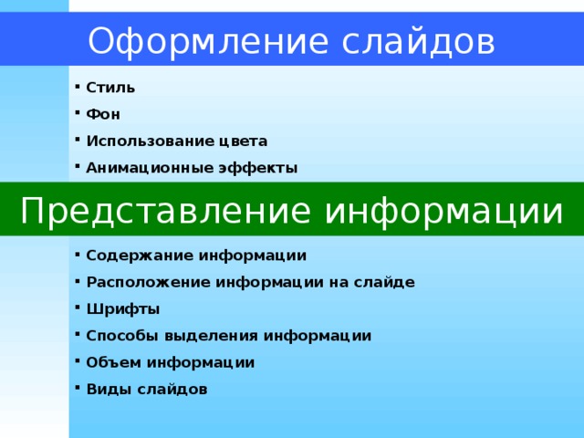Оформление слайдов  Стиль  Фон  Использование цвета  Анимационные эффекты Представление информации  Содержание информации  Расположение информации на слайде  Шрифты  Способы выделения информации  Объем информации  Виды слайдов 