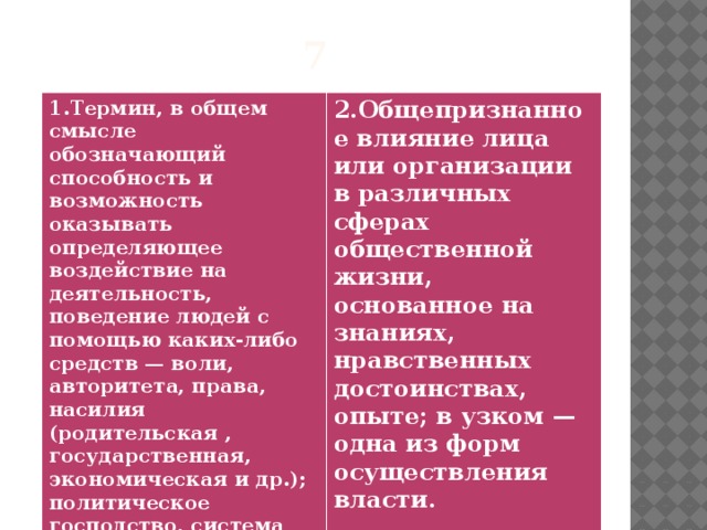 7 1.Термин, в общем смысле обозначающий способность и возможность оказывать определяющее воздействие на деятельность, поведение людей с помощью каких-либо средств — воли, авторитета, права, насилия (родительская , государственная, экономическая и др.); политическое господство, система государственных органов  2.Общепризнанное влияние лица или организации в различных сферах общественной жизни, основанное на знаниях, нравственных достоинствах, опыте; в узком — одна из форм осуществления власти.  